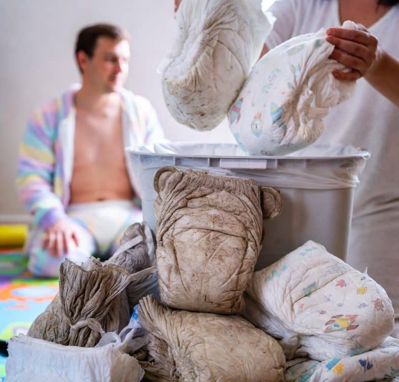 mommy cleans up the trash in the nursery